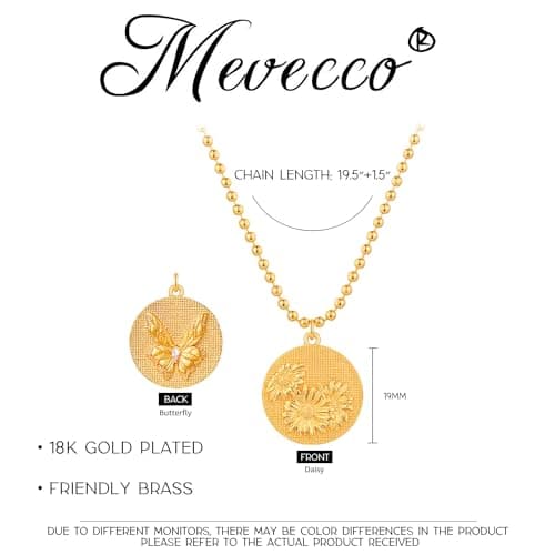 MEVECCO Gold Birth Flower Coin Necklace for Women 12 Month April Daisy Pendent 18K Gold Plated with Beaded Chain Personalized Embossed Floral Disc Necklace Birthday Gifts - Thumbnail 6