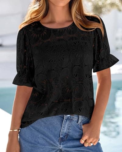 KIRUNDO Lace Tops for Women Blouses Dressy Casual Boho Eyelet Puff Short Sleeve Shirts Spring Summer Clothes Vacation Outfits(Black, Medium) - Thumbnail 2