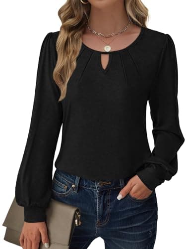 GKBK Women Long Sleeve Tops Dressy Business Casual Blouses Basic Loose Fit Crewneck Work Shirts Puff Pleated Keyhole Cute Comfy 2025 Fall Winter Fashion Clothes Going Out Outfits Black Medium - Image 1