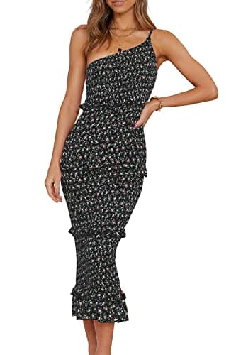 PRETTYGARDEN Women's Summer Midi Bodycon Dresses One Shoulder Strappy Tiered Ruffle Floral Boho Sun Dress (Black Floral,Small) - Image 1
