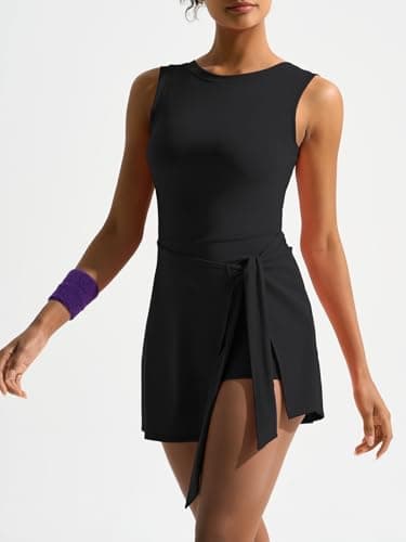 Dokuritu Womens High Neck Tennis Dress Sleeveless Wrap Skirt Built in Shorts Golf Athletic Dress Workout Rompers Black - Thumbnail 3