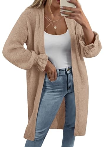 KIRUNDO Long Cardigan Sweaters for Women 2026 Spring Casual Oversized Ruffle Long Sleeve Open Front Chunky Knit Sweater Coats(Khaki, Large) - Image 1