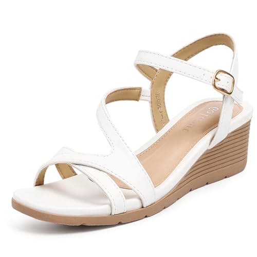 Goldnut Women's Wedge Sandals Dressy - White Crisscross Strappy Low Wedges for Women Comfortable Sandals for Casual Party Wedding Size 10.5 - Image 1