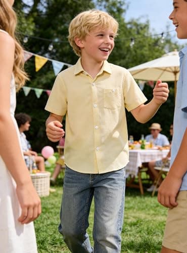 Cozople Boys Hawaiian Shirts Short Sleeve Button Down Shirt for 9-10 Yeras Collared Light Yellow Birthaday Party T-Shirt - Thumbnail 3