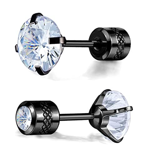 Titanium Screw Back Earrings Black 316L Surgical Stainless Steel Cubic Zirconia Fake Diamond Flat Back Stud Hypoallergenic for Sensitive Ear for Women Men Teen CZ Twist Piercing Post - Image 1