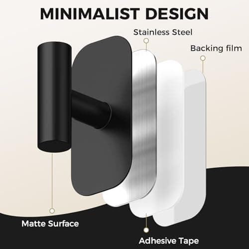 IMUMU Adhesive Towel Hooks for Shower,Waterproof Heavy Duty Bathroom Hooks,Wall Mounted Sticky Hangers for Coats/Aprons/Robes,No Drilling(Black,2 Pack) - Thumbnail 4