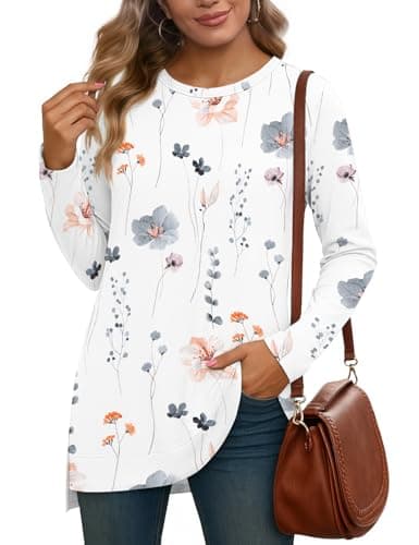 JUSTFASHIONNOW Womens Long Sleeve Tunic Tops to Wear with Leggings Crew Neck Side Split Layering Shirts Loose Fit Long Tops Floral White - Thumbnail 4