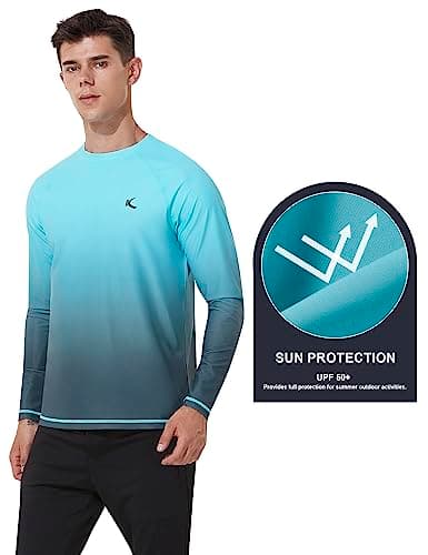 Mens Rash Guard UPF 50+ Swim Shirts UV Sun Protection Quick Dry Long Sleeve Beach Shirts for Fishing, Light Blue Gradient, 2XL - Thumbnail 4