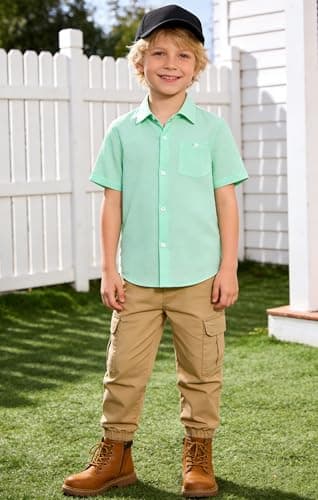 Cozople Boys Button Down Shirt Short Sleeve Kids Green Solid Color Shirts with Curved Hem Hawaiian Breathable Top Casual Vacation - Thumbnail 6