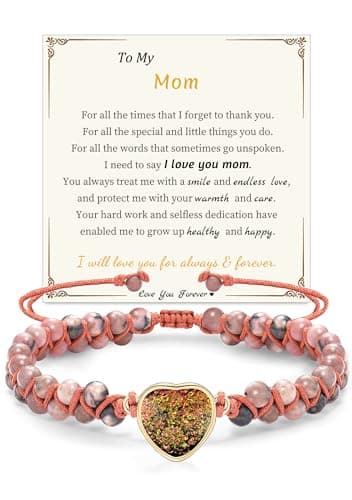 Sistble Gifts for Mom from Daughter Son, Mom Birthday Gifts Natural Stone Heart Bracelets Red Jasper Handmade Braided Bracelet Mothers Day Christmas Gift Jewelry - Image 1