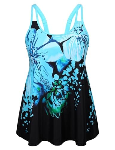Hilor Swimsuit for Women Vintage Bating Suits Loose Fit Tankini Tops Modest Swimwear Flowy Swim Top Only Ombre Blue Floral L/US10-12 - Image 1