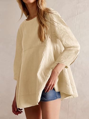 Tankaneo Womens 3/4 Sleeve Tunic Tops Casual Summer Peplum Flowy Oversized Babydoll Blouse Shirts Khaki - Thumbnail 2