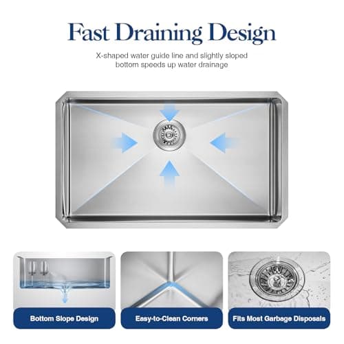 ANNWA 32 inch Kitchen Sink Undermount Stainless Steel Workstation 32x19x10 inch 16 Gauge Under Counter Kitchen Sinks Basin with Accessories Single Bowl Kitchen Sink - Thumbnail 4