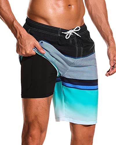 SILKWORLD Mens Swim Trunks 9 Inch Quick Dry Board Shorts 2 in 1 Compression Liner Beach Swimwear with Zipper Pockets, Black+Blue, XX-Large - Image 1