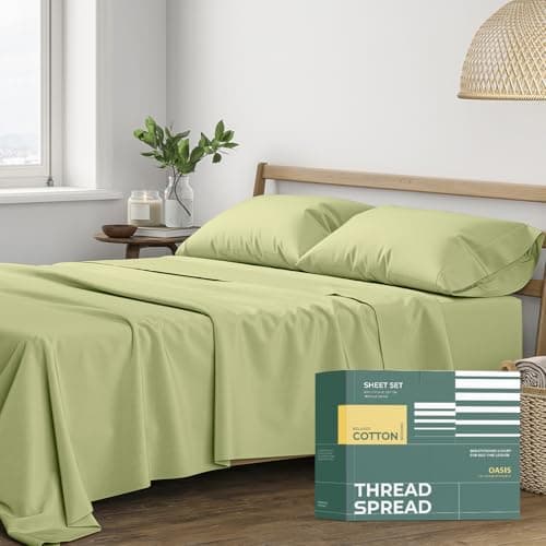 THREAD SPREAD 100% Organic Cotton Sheets King Size - 4 PC Organic Cotton King Percale Weave Sheet Set, Soft, Cooling, Crisp & Breathable, 16" Deep Pocket Hotel Quality Bedding Set - Sage Green - Image 1