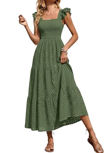 PRETTYGARDEN Womens Summer Square Neck Maxi Dresses Cap Sleeve Eyelet Smocked Tiered A Line Flowy Long Dress with Pockets (Army Green,Large) - Image 1