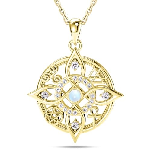 HOTIE 925 Sterling Silver Witch Knot Gold Necklace with Moonstone – Wiccan Pagan Jewelry with Pentacle & Ankh Symbols – Spiritual Protection Amulet Pendant – Celtic Moonstone Necklace Gift for Women - Image 1