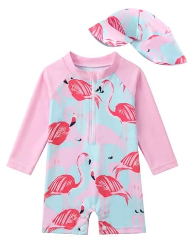 JiAmy Toddler Baby Girls Swimsuit with Sun Hat Long Sleeve Zipper Rash Guard Sun Protection Beach One Piece Bathing Suit Pink Flamingo 2-3 Years - Image 1