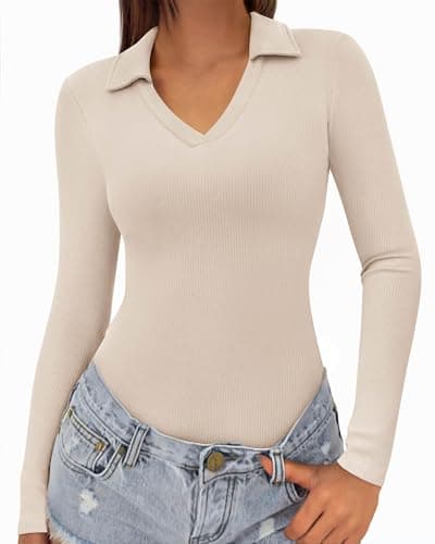 KIRUNDO Polo Shirts for Women Long Sleeve Business Casual Tops 2026 Spring Fall Ribbed Knit Collared V Neck Slim Work Blouses(Apricot, X-Small) - Thumbnail 3