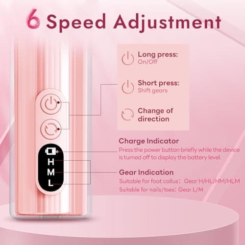 JINYAWA Electric Foot Callus Remover - 2-in-1 Rechargeable Cordless Foot File with LCD Display & 6 Speeds - Professional Foot Sander for Dead Skin, Thick Nails, Heels and Soles (Pink) - Thumbnail 6