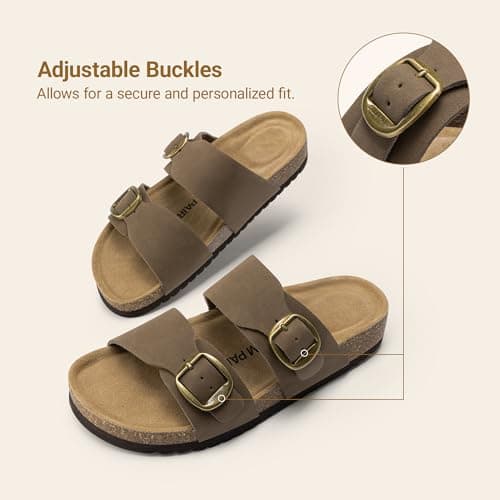 DREAM PAIRS Women's Slides Soft Genuine Footbed Sandals Comfortable Adjustable Double Buckle Slip-on Flat Sandals with Arch Support Frame Dual Slippers for Summer 2026,Size 9.5,Brown,SDSS26004W - Thumbnail 6