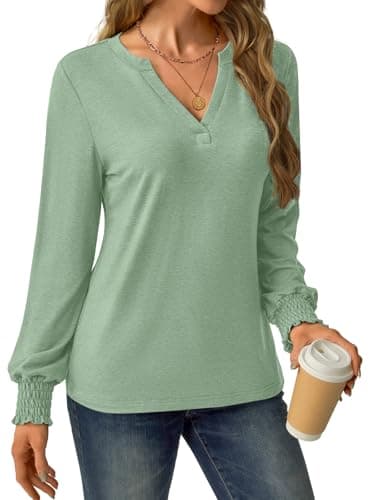 GKBK Womens Long Sleeve Shirts Fall Tops V Neck Business Dressy Casual Blouses with Smocked Cuffs Green - Thumbnail 2