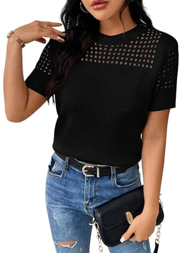 RICHSTORY Summer Sweaters for Women Casual Crew Neck Short Sleeve Shirts Cute Hollow Out Knit Pullover Sweater Tops Trendy Fall Fashion Clothes Black X-Large - Image 1