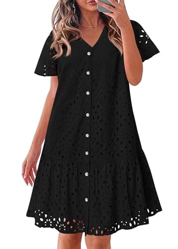 KIRUNDO Eyelet Dresses for Women 2026 Spring Summer Short Sleeve Button Down Loose Mini Babydoll Dress Beach Vacation Clothes(Black, Small) - Image 1