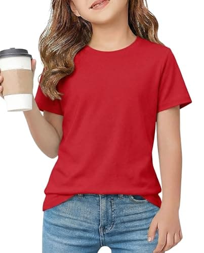 FREELYVE Girls Summer Short Sleeve T Shirts Casual Kids Tops Crewneck Tees Tween Girls Basic Clothes,Red,10-11Y - Image 1