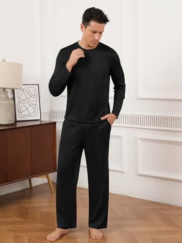 RQP Men's Pajama Set Ribbed Lounge Wear Silky Smooth 2 Piece Sleepwear,Stretch Home Outfits for Men,Black - Thumbnail 5