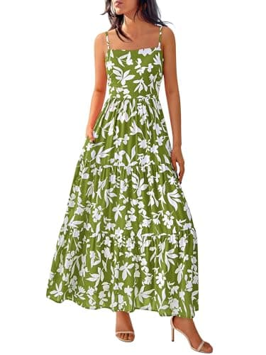 NOLLSOM Women's Summer Dress 2025 Casual Floral Boho Maxi Dresses Sleeveless Spaghetti Strap Long Beach Sun Dresses(Floral Green White,Small) - Image 1