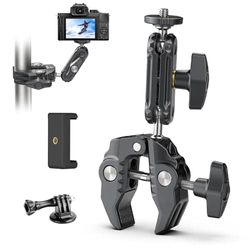 XIAOTJ Super Clamp Camera Mount with Magic Arm Double 360° Ballhead and Phone Tripod Mount/Action Camera Adapter for Phone/GoPro DJI Insta360/Monitor/DSLR/Motorcycle Bike Handlebar Gun Scope Mounts - Image 1