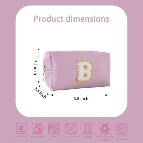 Makeup Bag Initial Preppy Patch Bag,Small PU Leather Travel Cosmetic Bag Pouch with Zipper, Purple Cute Toiletry Bag,Gift Ideal for Teen Girls Women Birthday Friend Mom, Latter B - Thumbnail 2