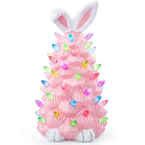 GARKALY Light up Easter Bunny Decor Glowing Tree, Cute Ceramic Easter Tree Bunny Decorations for The Home Indoor Bedroom Office Decor Tabletop,Night Light for Kids Gifts (Pink) - Image 1
