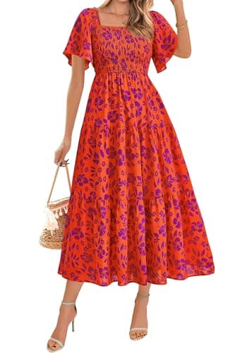BTFBM Women's Clothing Wedding Guest Dresses Casual Boho Floral Short Sleeve Smocked Maxi Beach Spring Summer Dress 2026(Floral Orange Purple, X-Large) - Image 1