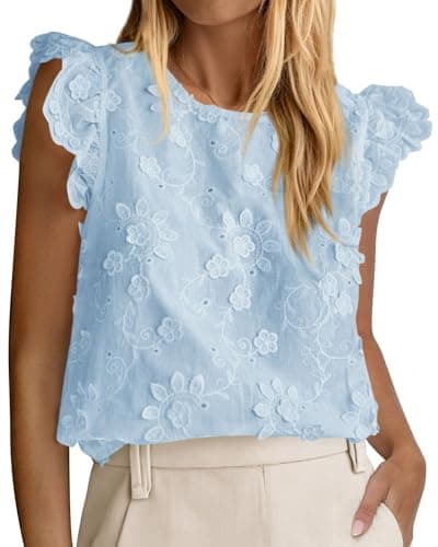 KIRUNDO Summer Tops for Women 2026 Ruffle Cap Sleeve Lace Embroidered Floral Boho Shirts Dressy Casual Blouses Cruise Outfits(Light Blue, Medium) - Image 1