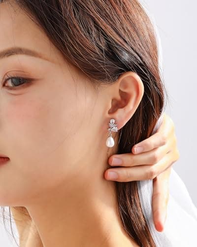 Pearl Earrings for Women, Hypoallergenic Silver Cubic Zirconia Pearl Drop Earrings Bridal Shower Gifts for Wedding Party - Thumbnail 3