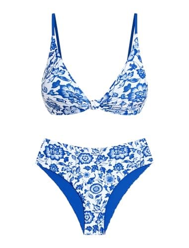 ZAFUL High Waisted Bikini Sets for Women Texture Push Up 2 Piece Swimsuit Knot Front V Neck Bathing Suit Brazilian Cheeky Bottom Blue Floral XL - Image 1