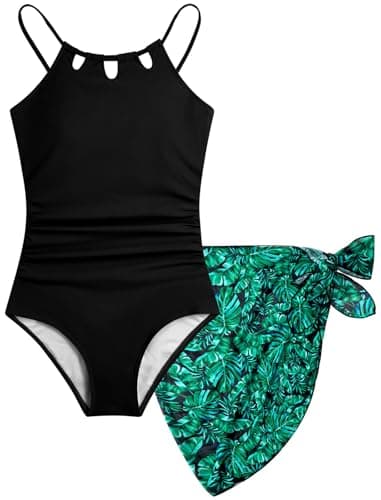 Girls Bathing Suits Size 7-8 Kids One Piece Swimsuits Hawaiian Trajes De Baño para Niñas Juniors Swim Cover Up Skirt Black Palm Tropical Cut Out Adjustable Straps Quick Dry Modest Swimwear Set - Image 1