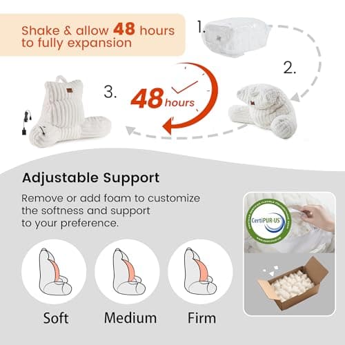 Amélie Home Heated Faux Fur Reading Pillow with Pocket - 3-Temperature Backrest for Sitting in Bed, USB-Powered(No Power Bank Included) Warming (113°F-131°F), 3H Auto Shutoff, Ivory, 18 Inches - Thumbnail 3