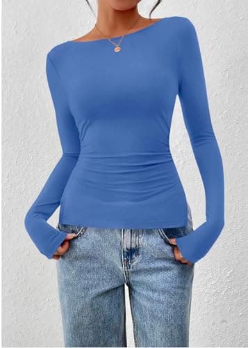KIRUNDO Long Sleeve Going Out Tops for Women 2026 Spring Fall Casual Boat Neck Workout Shirts Fitted Side Slit Basic Tees(Blue, XX-Large) - Thumbnail 5