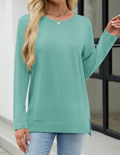 JUSTFASHIONNOW Womens Long Sleeve Tunic Tops to Wear with Leggings Crew Neck Side Split Layering Shirts Loose Fit Long Tops Cadet Blue - Thumbnail 2