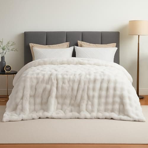 Amélie Home Faux Fur Throw Blanket for Bed, Ultra Soft Fuzzy Plush Bubble Blanket for Bedroom & Bed Decor, 108"x90", Cream White - Image 1