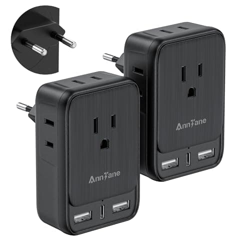 2 Pack European Travel Adapter, US to Europe Plug Adaptor with 4 Outlets 3 USB Charging Ports, Type C Power Adapter for USA to EU Euro Spain France Iceland Italy Germany Greece, Black - Image 1