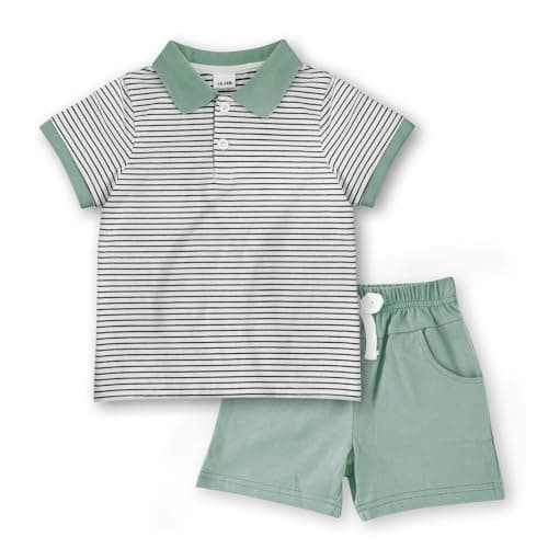 JiuBreeze Toddler Baby Boys Summer Short Sleeve Polo Shirts Set 2-piece Striped Outfits 18 Month-5T (Green, 3-4T) - Image 1