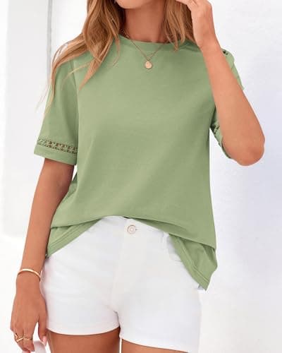 BTFBM Womens Summer Tops Lace Short Sleeve Shirts 2026 Spring Casual Loose Crew Neck Cotton Knit Cute Business Blouses(Light Green, XX-Large) - Thumbnail 4