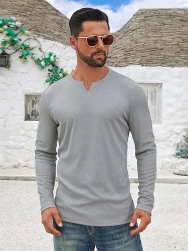 Hardaddy Men's V Neck Long Sleeve Ribbed Casual T-Shirt Classic Basic Solid Tee Shirts Light Gray M - Thumbnail 4
