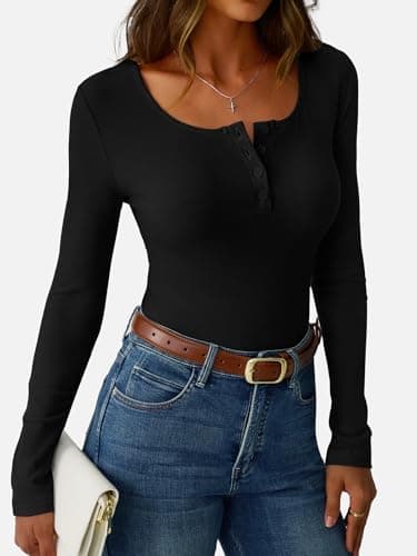 GKBK Ribbed Long Sleeve Tops for Women Henley Neck Slim Fitted Tight Basic Tee Tshirts Cute Fall Tops 2025 Trendy Outfits Clothes Black L - Thumbnail 3