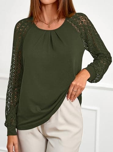 PRETTYGARDEN Womens Long Sleeve Shirts Lace Tops 2026 Spring Fashion Outfits Dressy Casual Blouses Work Clothes (Army Green,X-Large) - Thumbnail 6