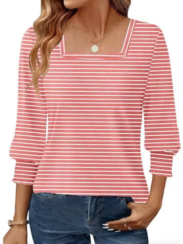 GKBK Womens 3/4 Sleeve Shirts Square Neck Dressy Casual Blouses Spring Summer Smocked Cuffs Tops - Image 1